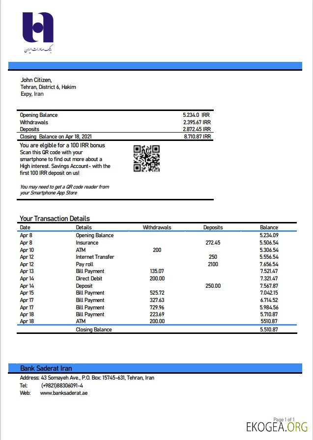 Déclaration de la banque iranienne Sederet Iran